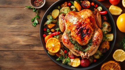 Wall Mural - A beautifully roasted chicken sits on a dark plate surrounded by colorful vegetables and herbs. This image captures the essence of a delicious meal. Perfect for food lovers. AI