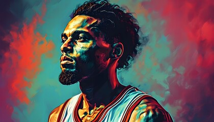 Wall Mural - Contemplative basketball player framed by a vivid two-toned backdrop, showcasing the emotional depth and contrasts of athleticism.