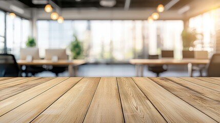 Sticker - Wooden Table Top With Blurred Modern Office Background