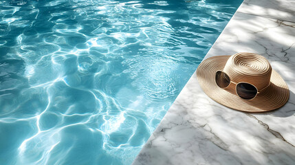 Poster - A serene poolside scene with water reflections and a sun hat resting on marble.