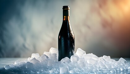 Chilled wine bottle resting on sparkling ice cubes, radiating elegance under soft, ambient lighting