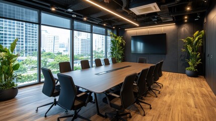 Sticker - Modern Meeting Room Interior with Large Windows  City View and Wooden Table