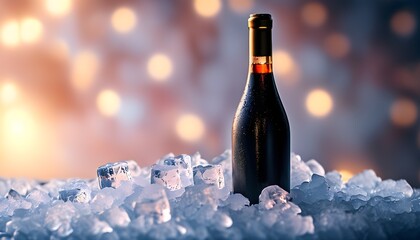 Canvas Print - Chilled wine bottle resting on sparkling ice cubes, radiating elegance under soft, ambient lighting