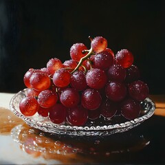 Fresh Red Grapes in Glass Bowl on Wooden Table.