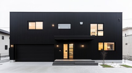 Sticker - Modern Black House with Garage Door  Windows  and Concrete Steps