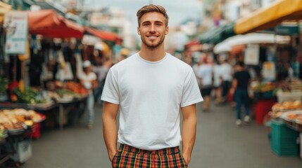 A casually dressed man in oversized plaid pants and a plain white t shirt appearing relaxed and comfortable as he enjoys a meal at a vibrant street food stall in an urban setting