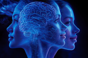 Poster - Support unity and collaboration three blue heads with glowing brains representing shared cognitive processes unity and mental synchronization