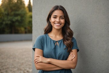 portrait of a young latin woman with pleasant smile and crossed arms isolated on grey wall with copy space