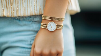 closeup shot of a person s wrist adorned with fashionable bracelets and a sleek watch showcasing a r