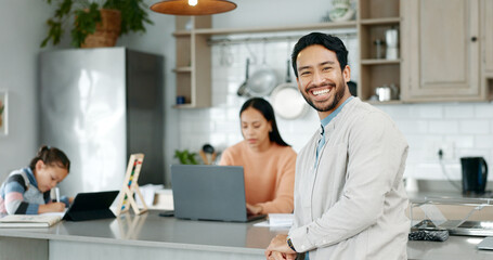 Wall Mural - Man, portrait and family with remote work in kitchen with smile, child and tech for education, study and freelancing. Father, mother and daughter with tablet, computer and together at house in Mexico