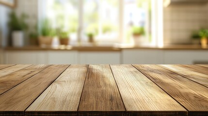 Wall Mural - Wooden Tabletop with Blurred Kitchen Background