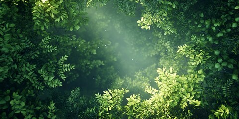 Canvas Print - Worms-eye view of lush woodland, vibrant green foliage, shimmering morning dew, digital 3D render, photorealistic texture, ambient lighting to enhance foliage detail 