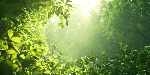 Wall Mural - worms-eye view of lush woodland, vibrant green foliage, shimmering morning dew, digital 3d render, p