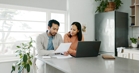 kitchen, couple and conversation with document for finance, track expenses and laptop for budget goa