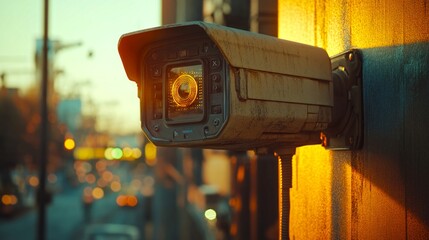 A close-up view of an outdoor security camera. The camera is mounted on a wall, illuminated by warm light from the setting sun. A city street is blurred in the background. AI