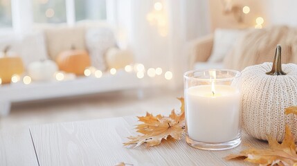 Sticker - Cozy Autumn Decor with White Knit Pumpkin  Candle  and Fall Leaves