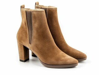 Fashionable pair of taupe suede ankle boots with block heel showcased on a clean white background  These stylish and sophisticated footwear accessories offer a chic and elegant look