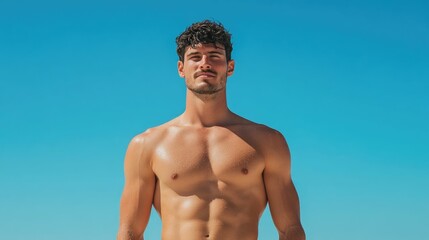 A man wearing a tank top and board shorts fully equipped and ready to catch some waves on a bright sunny day at the beach  This image captures the casual