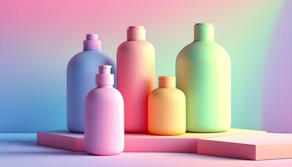 Wall Mural - Pastel-colored minimalist bottles artistically arranged on a platform, creating harmony with soft shadows against a soothing gradient background