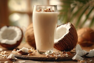 a glass of creamy coconut milk smoothie garnished with almonds, with two cracked coconuts on a woode