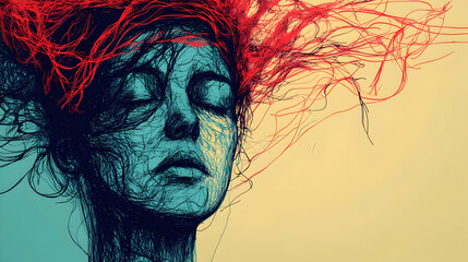 A stylized illustration of a woman with abstract, colorful hair representing emotions.