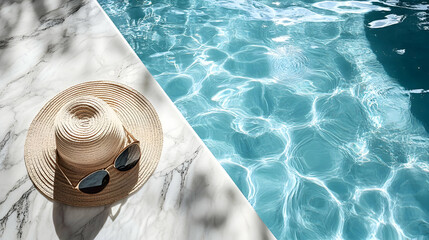 Canvas Print - A sun hat and sunglasses resting by a sparkling pool.