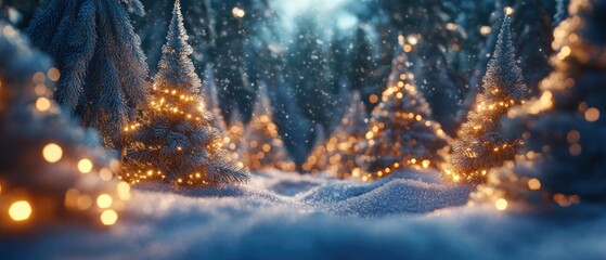 Wall Mural - Snowy Forest with Christmas Lights