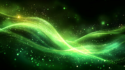 Wall Mural - A vibrant abstract design featuring flowing green waves and sparkling particles.