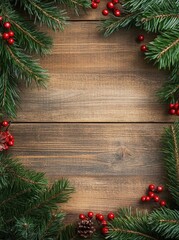 Wall Mural - christmas wooden background with pine branches and red berries, new year's decoration for web or ban