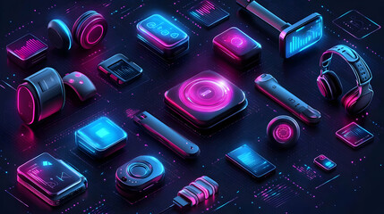 Wall Mural - A vibrant array of futuristic tech gadgets and devices in neon colors.