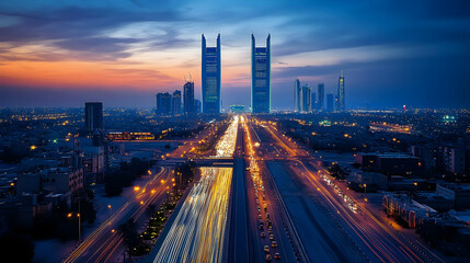 Poster - A vibrant city skyline at dusk with illuminated buildings and busy traffic.