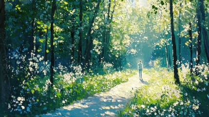 Wall Mural - Sunlit Forest Path with Person Walking