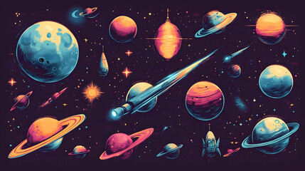 Wall Mural - A vibrant cosmic scene featuring planets, stars, and a rocket in a colorful galaxy.