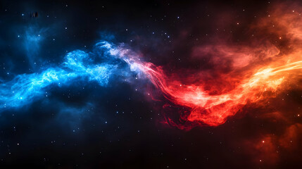 Wall Mural - A vibrant cosmic scene with swirling blue and red nebulae against a dark background.