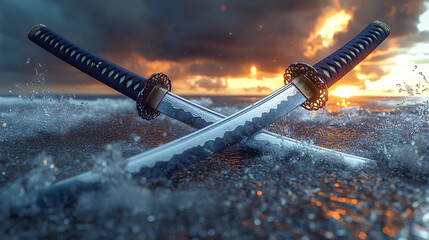 two katana swords on the beach