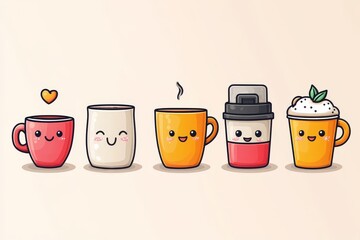 Cute Cartoon Coffee Cups and Drinks Set Illustration