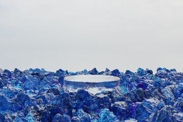 Wall Mural - 3d render platform background and empty round stage, ice podium on the blue glass rock in winter for