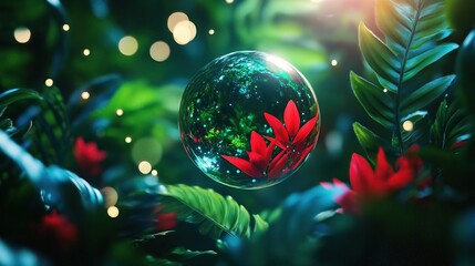 A captivating glass sphere encasing vibrant red flowers amidst lush green foliage, glowing with soft bokeh light.