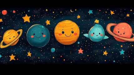 Wall Mural - Cute Cartoon Planets and Stars in Space