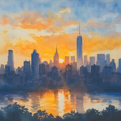 vibrant sunrise over a bustling city skyline, a watercolor depiction capturing the energy and beauty