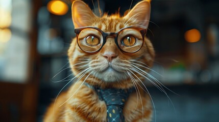 Wall Mural - Fashionable Feline: Cat in Tie Glasses on Gray Background with Business Savvy Look