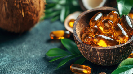 Wall Mural - Coconut-Based Supplements: Photos of dietary supplements or health products made from coconut, such as coconut oil capsules.