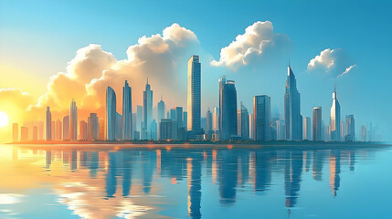 Wall Mural - A vibrant skyline at sunrise reflecting on water, showcasing modern architecture.