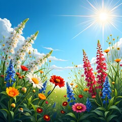 Wall Mural - a vibrant meadow filled with colorful wildflowers blooming under a bright blue sky with fluffy white