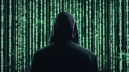Hacker Silhouette in Front of Binary Code Background