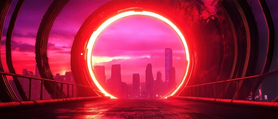 Wall Mural - futuristic urban landscape featuring a glowing red portal and a vivid sunset sky, perfect for sci-fi