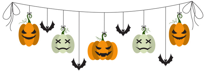 Halloween party decoration garland with bats, pumpkins, witch hat. Cute Jack O Lantern Evil Pumpkin Garland for Halloween. Simple banner hanging party classy decor vector element.