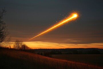 a fiery meteor streaks across the evening sky with a trailing spark