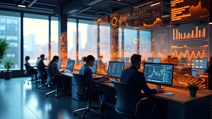 a team of professionals in a futuristic office analyzing global data on a large screen, the room is 