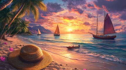 Wall Mural - Serene tropical beach landscape at sunset with palm trees, a straw hat, and vibrant boats sailing in the colorful dusk sky